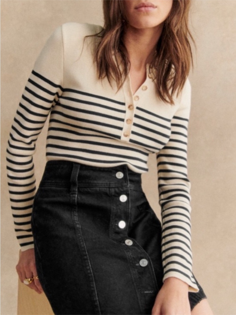 Sezane Alexis jumper Cream ecru navy Striped Long-Sleeve henley top sweater L